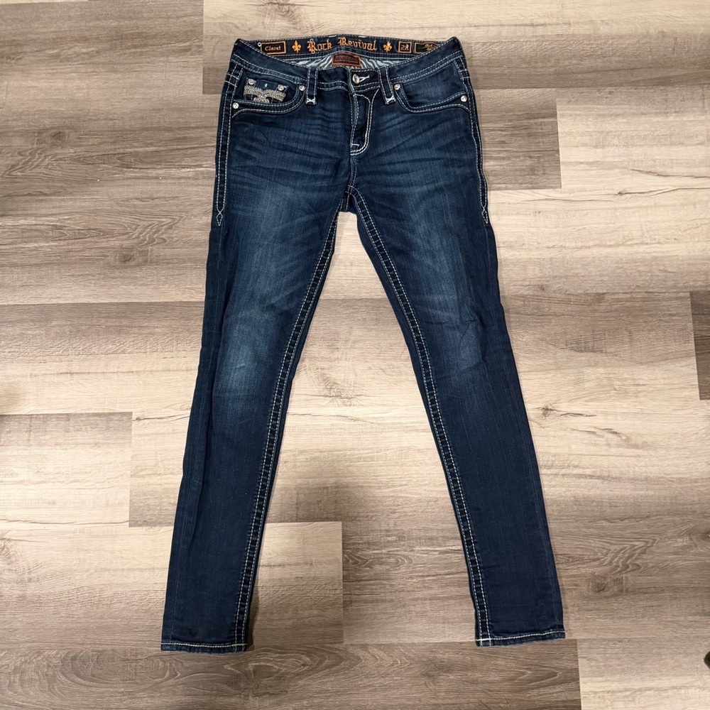 Rock Revival Womens Claret Mid Rise Skinny Distressed Embellished Jeans Size 28